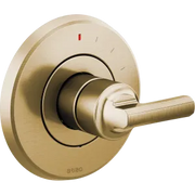 Luxe gold pressure balance valve trim with cylindrical lever handle and circular escutcheon plate.