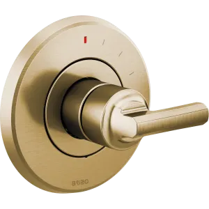 Luxe gold pressure balance valve trim with cylindrical lever handle and circular escutcheon plate.