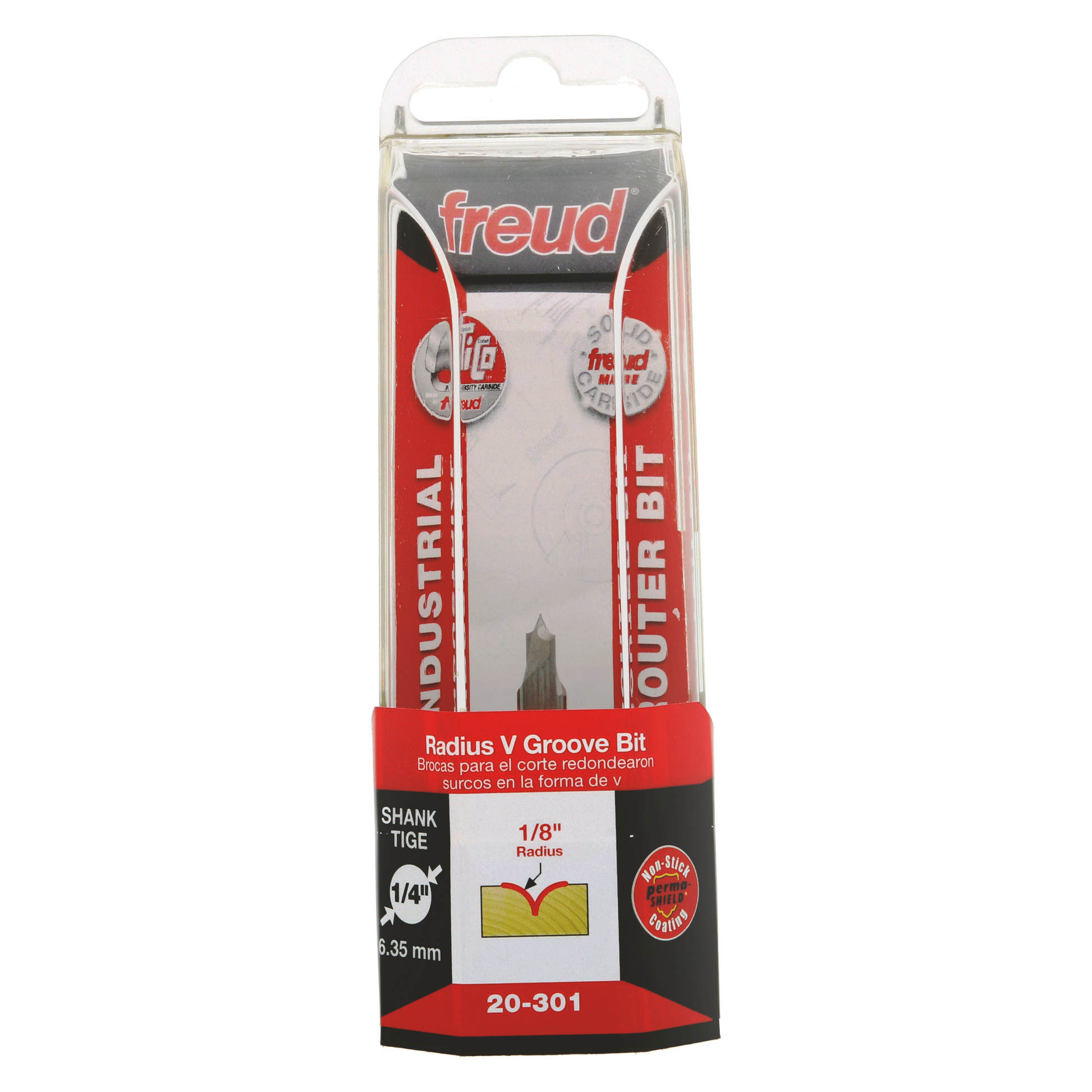 Freud 20-301 router bit with 1/8" radius V groove profile in clear plastic clamshell packaging.