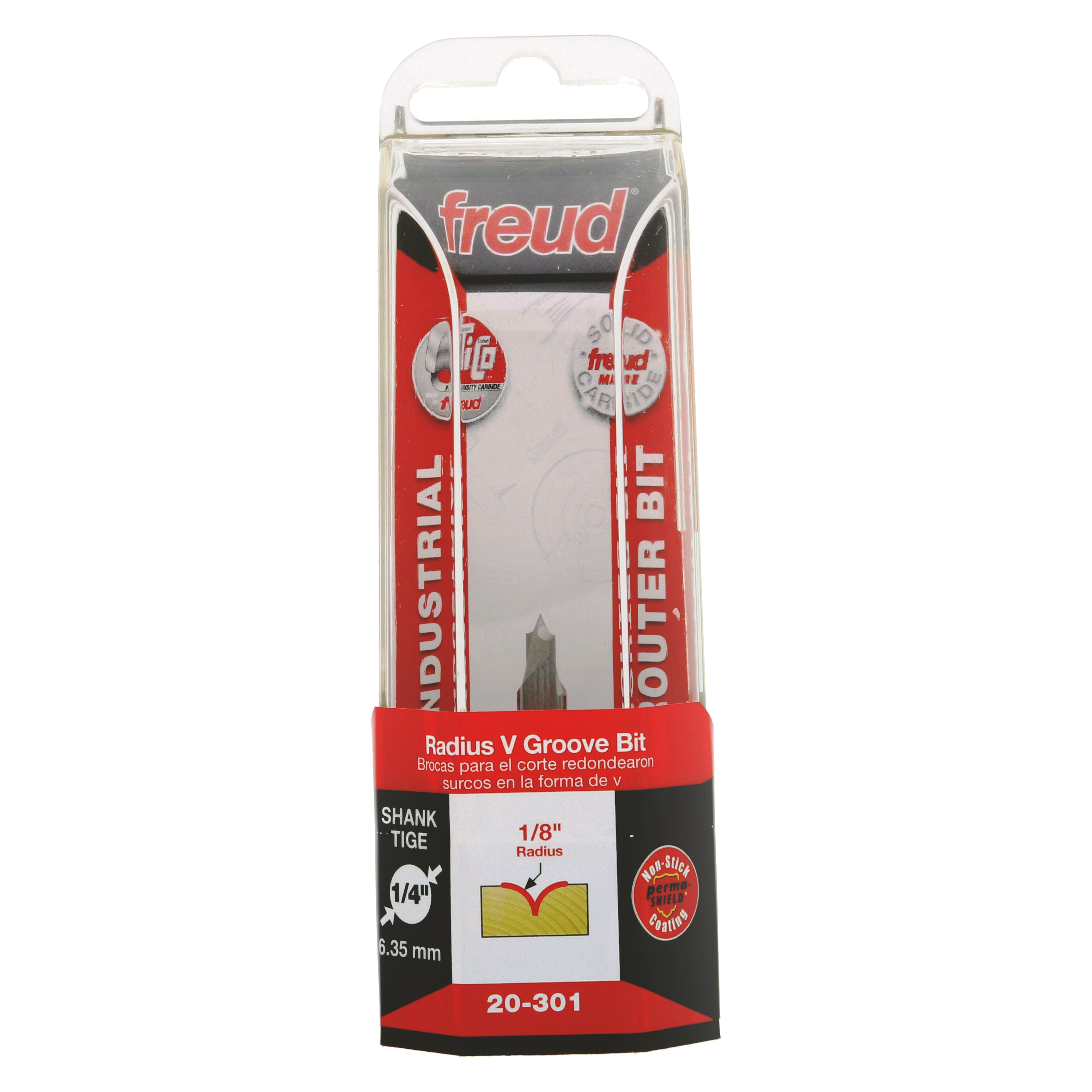 Freud 20-301 router bit with 1/8" radius V groove profile in clear plastic clamshell packaging.