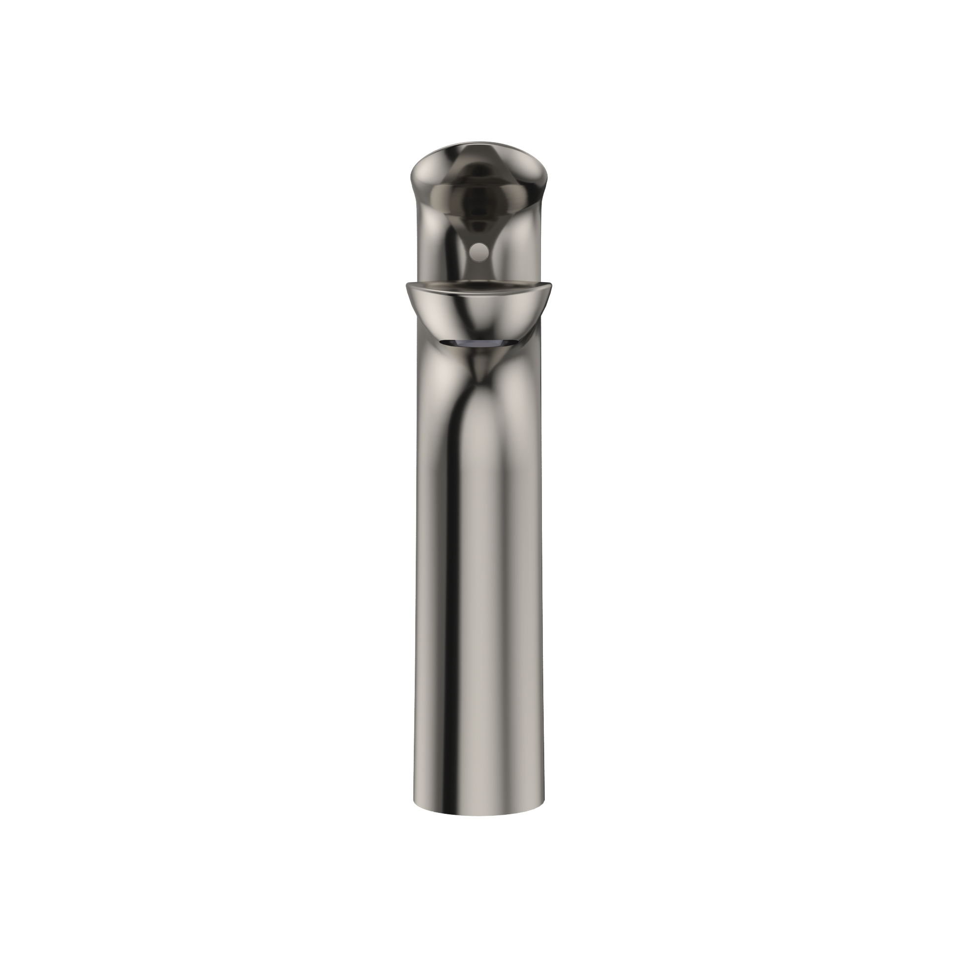 Polished nickel single-handle bathroom sink faucet with tall cylindrical spout and rounded basin.