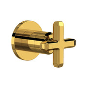 Unlacquered brass trim with cylindrical body and cross-shaped handle for volume control and diverter function.