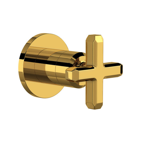Unlacquered brass trim with cylindrical body and cross-shaped handle for volume control and diverter function.