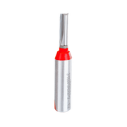 Straight router bit with silver metallic shaft, red grip band, and two flutes at the cutting end.
