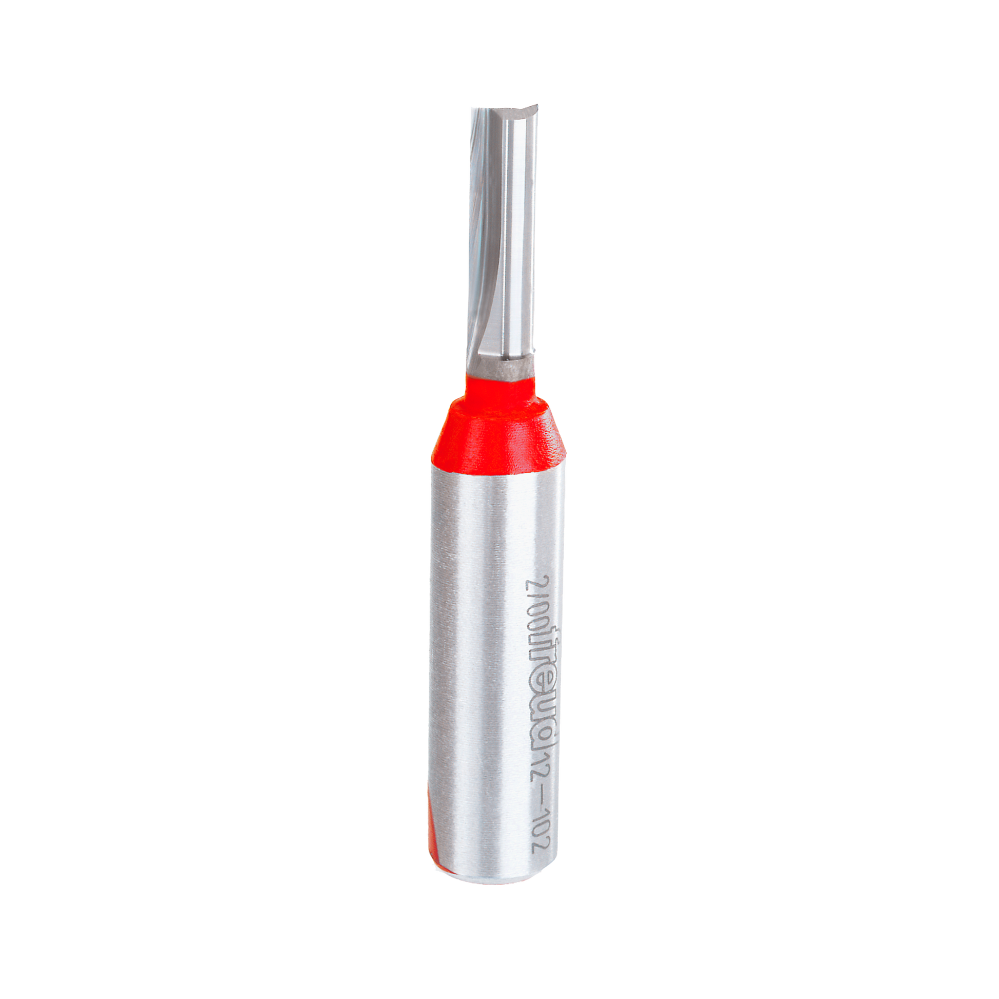 Straight router bit with silver metallic shaft, red grip band, and two flutes at the cutting end.