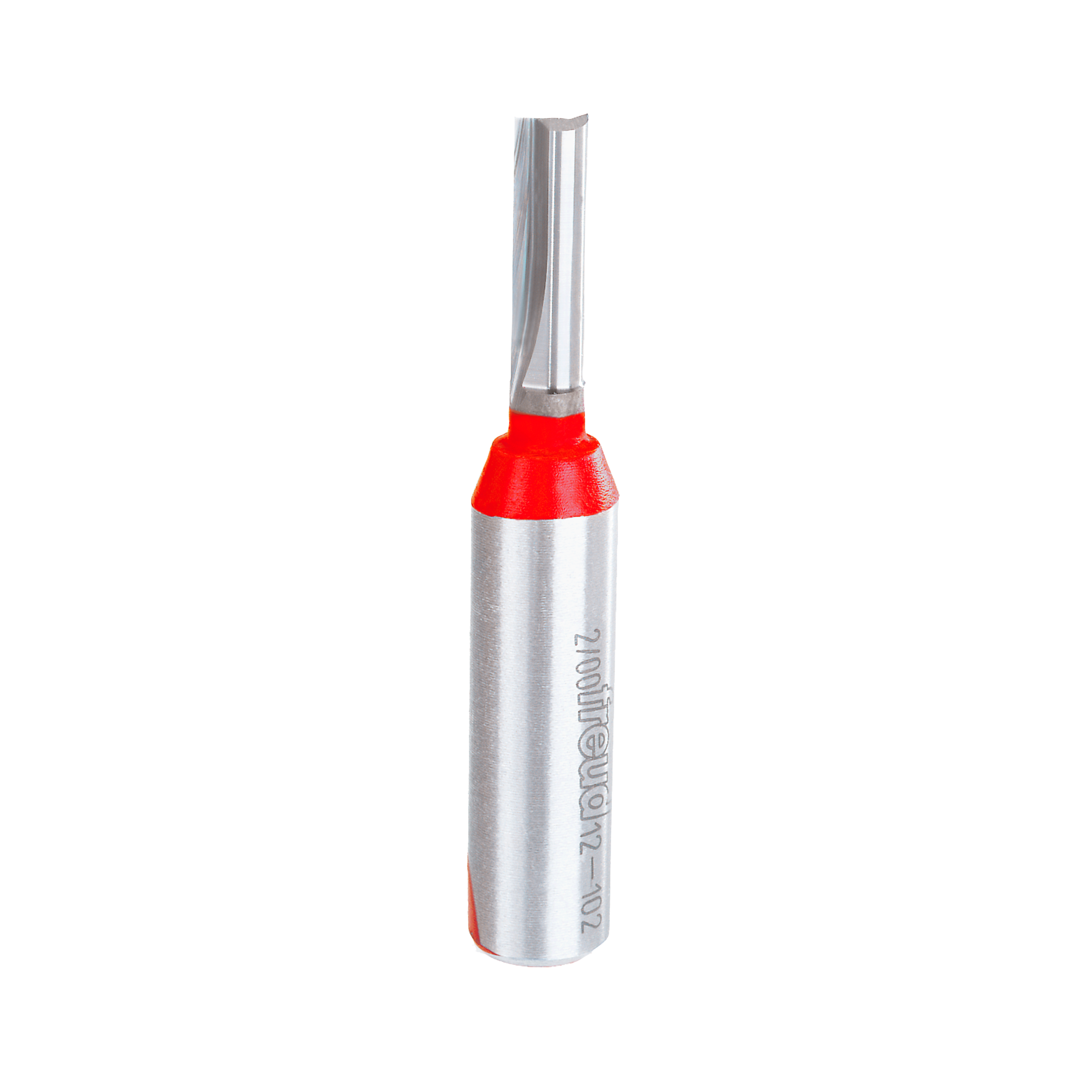 Straight router bit with silver metallic shaft, red grip band, and two flutes at the cutting end.
