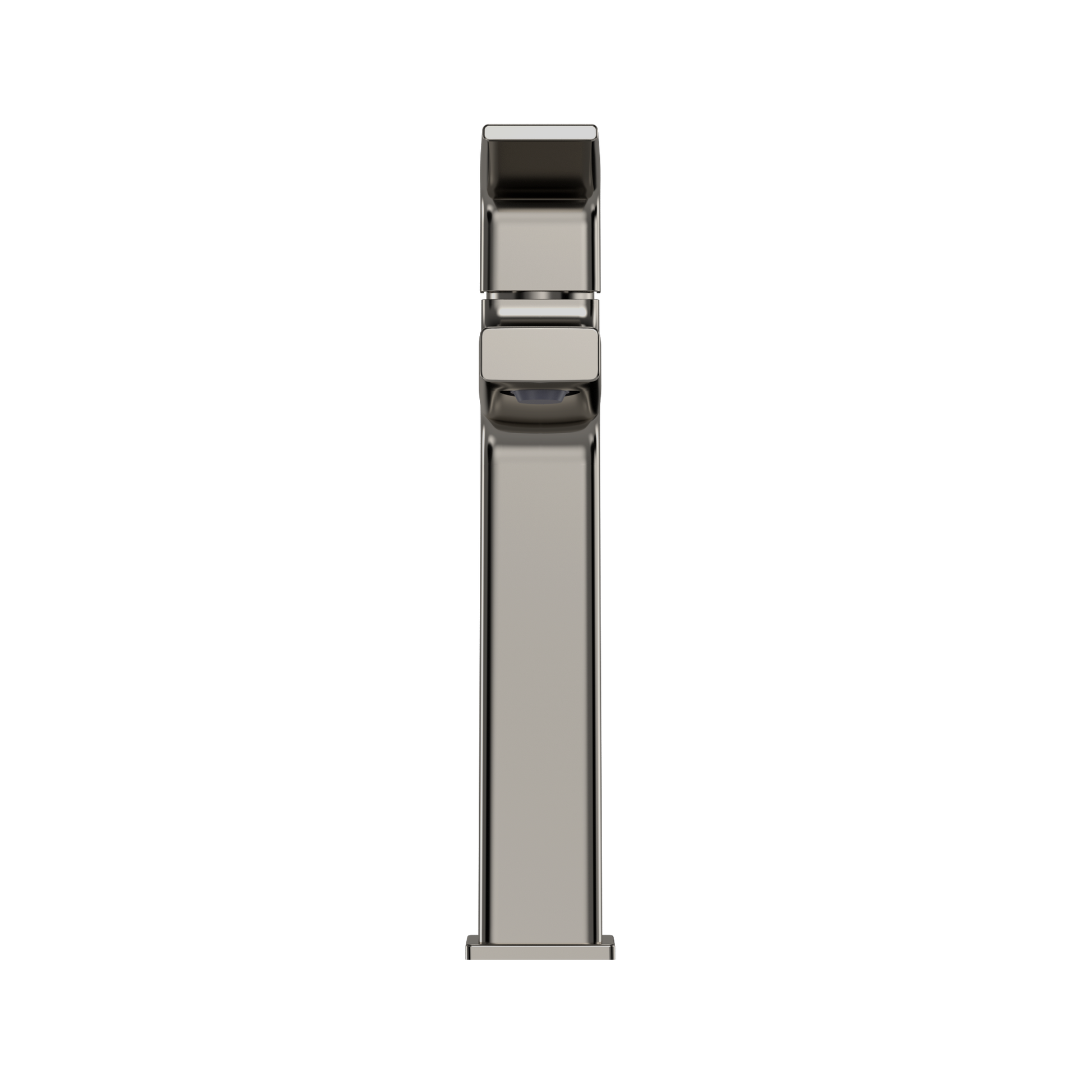Polished nickel single-handle bathroom sink faucet with tall rectangular spout and black accents.