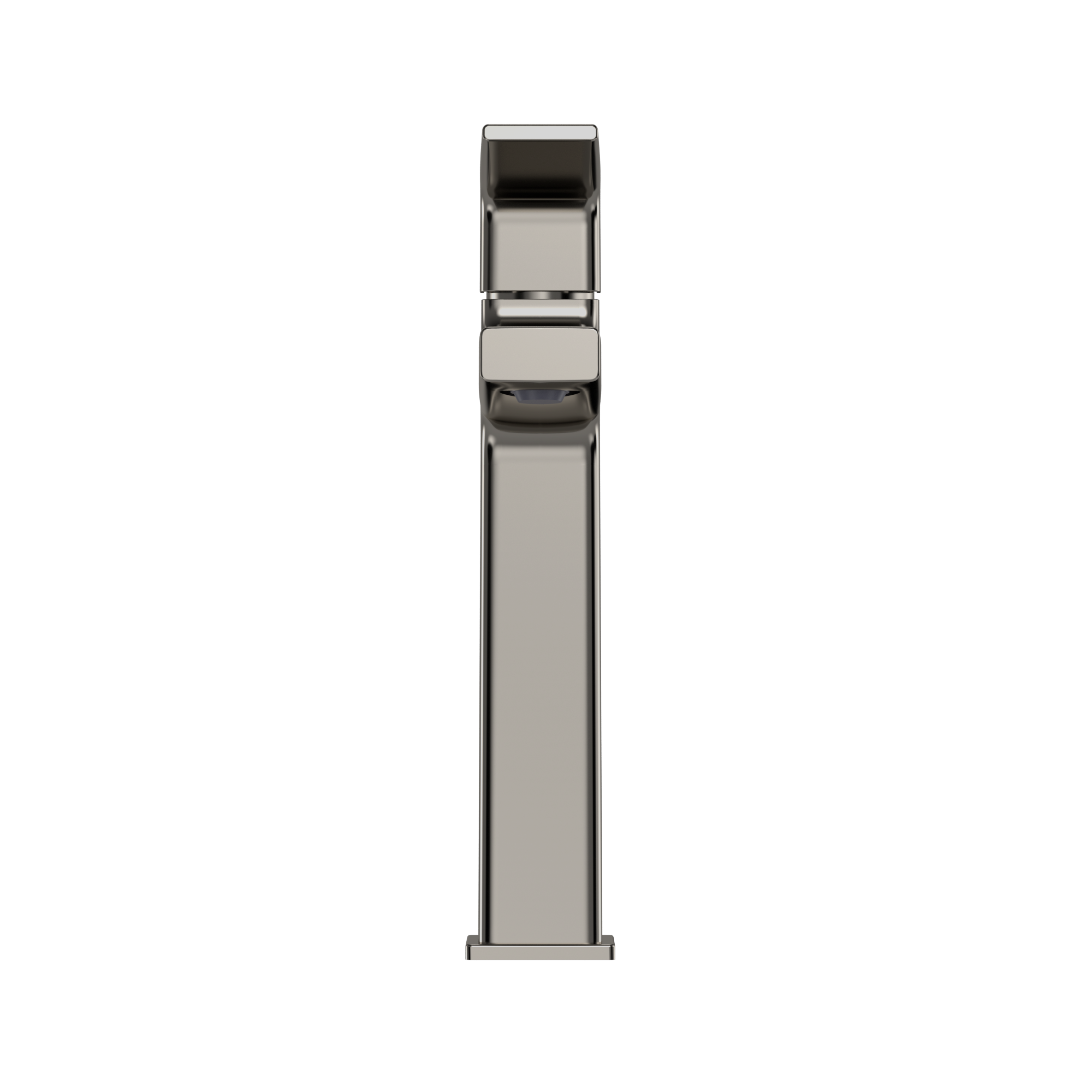 Polished nickel single-handle bathroom sink faucet with tall rectangular spout and black accents.