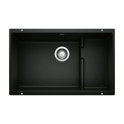 Coal black single-basin kitchen sink with integrated colander strainer and chrome drain fixture.