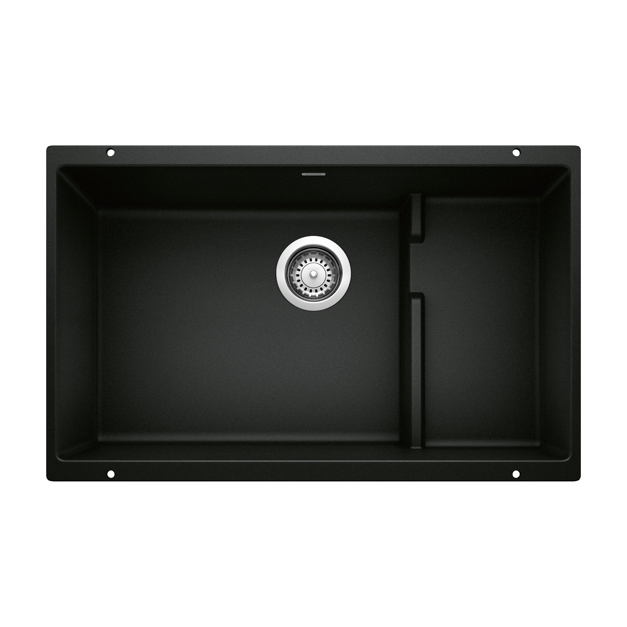 Coal black single-basin kitchen sink with integrated colander strainer and chrome drain fixture.