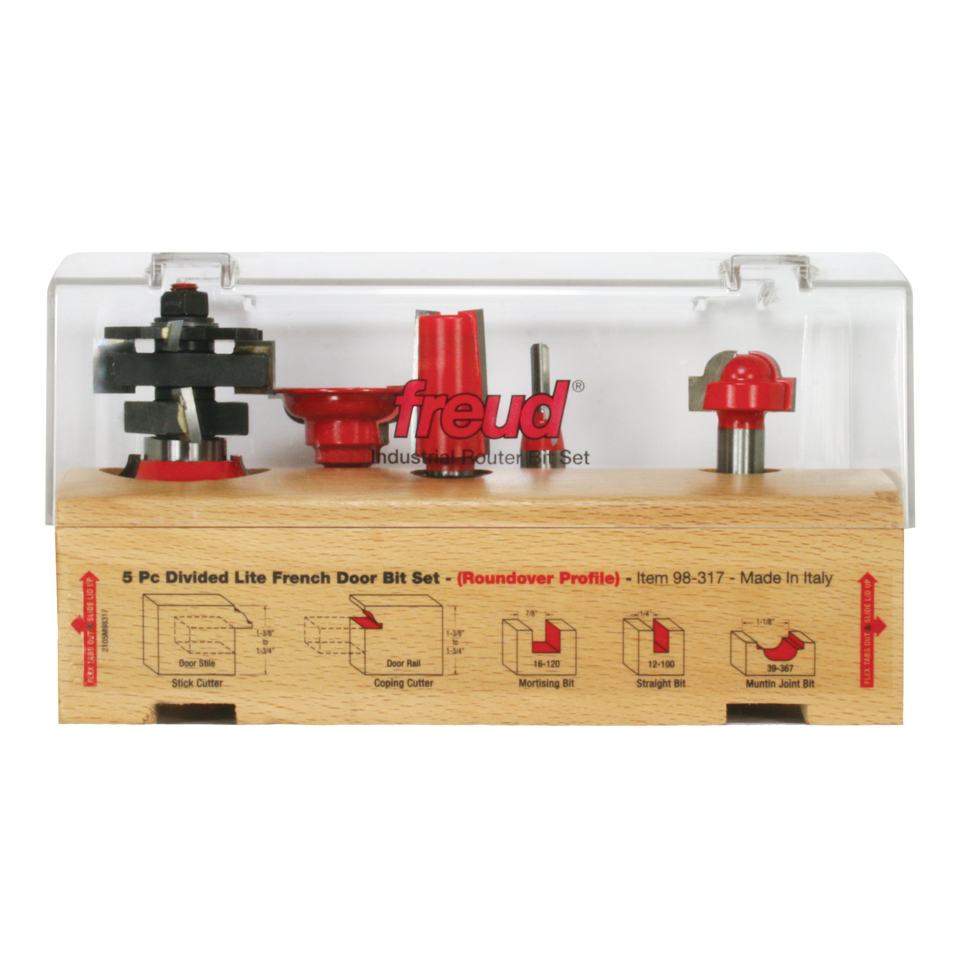 Five router bits in clear plastic case with wooden base showing stick cutter, coping cutter, mortising bit, straight bit, and