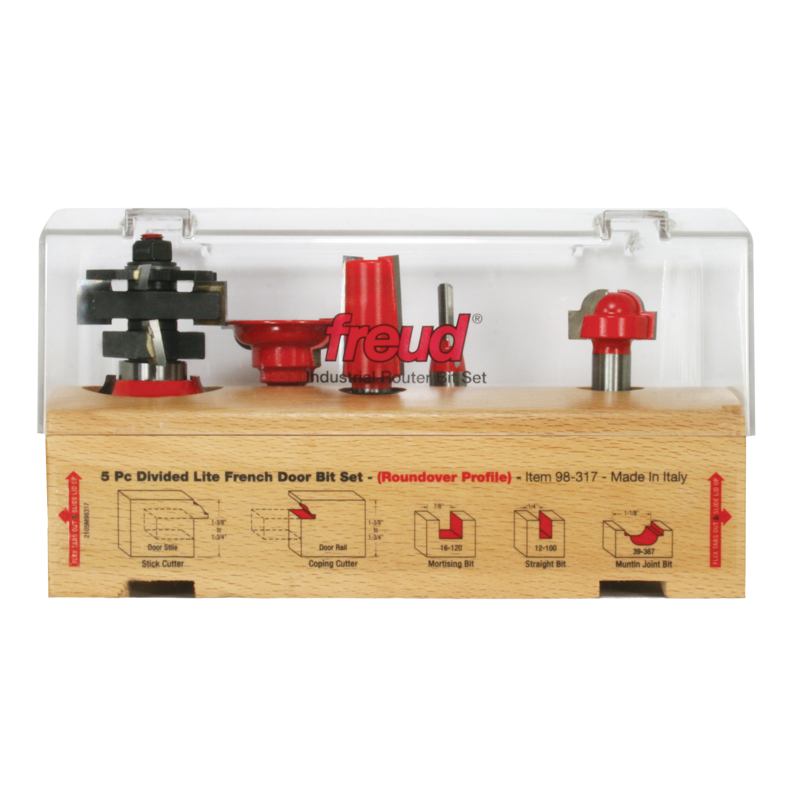 Five router bits in clear plastic case with wooden base showing stick cutter, coping cutter, mortising bit, straight bit, and