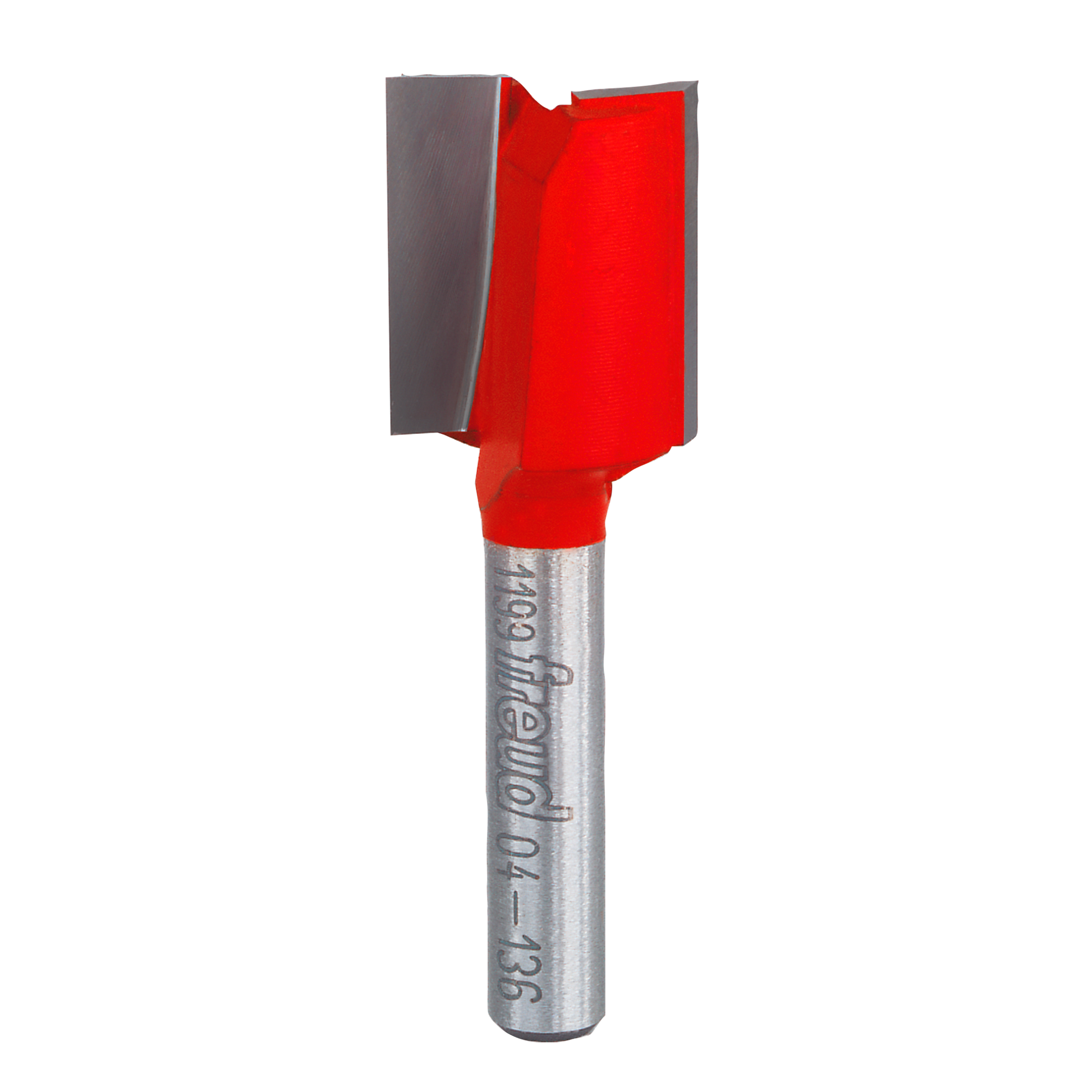 Freud 5/8" double flute straight router bit with red cutting head and metallic shaft.