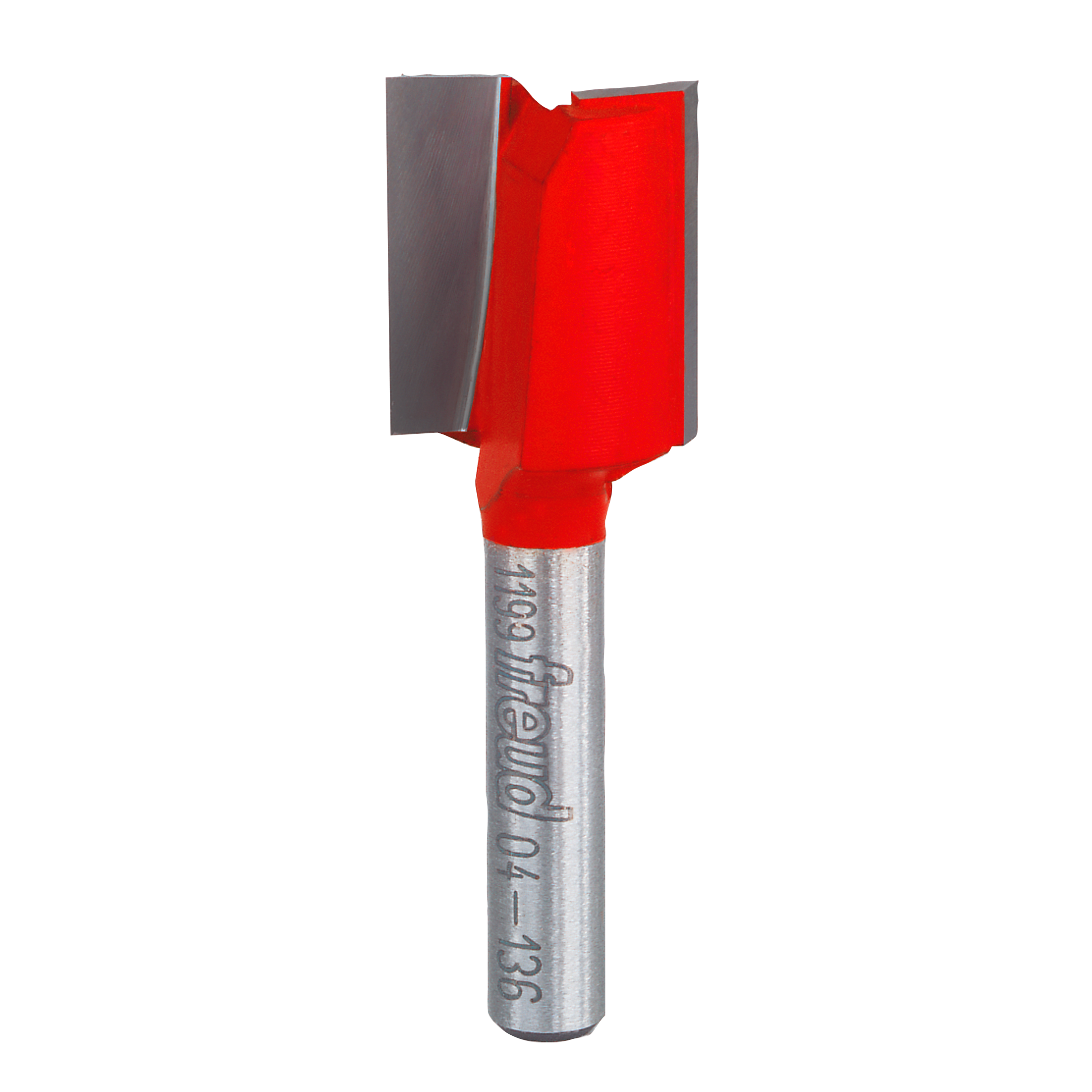Freud 5/8" double flute straight router bit with red cutting head and metallic shaft.