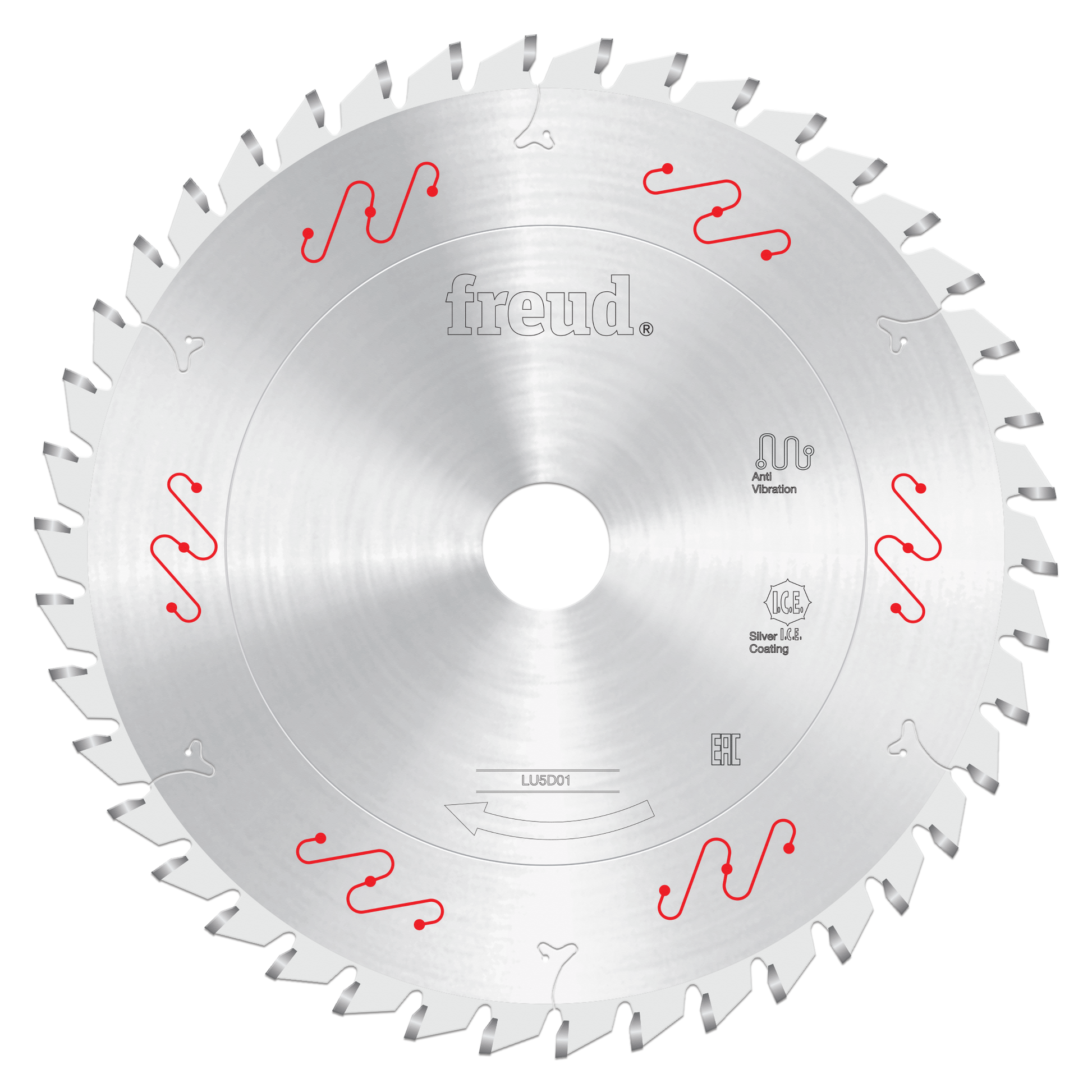 Freud 160mm circular saw blade with alternating red and gray teeth for cutting aluminum and non-ferrous materials.