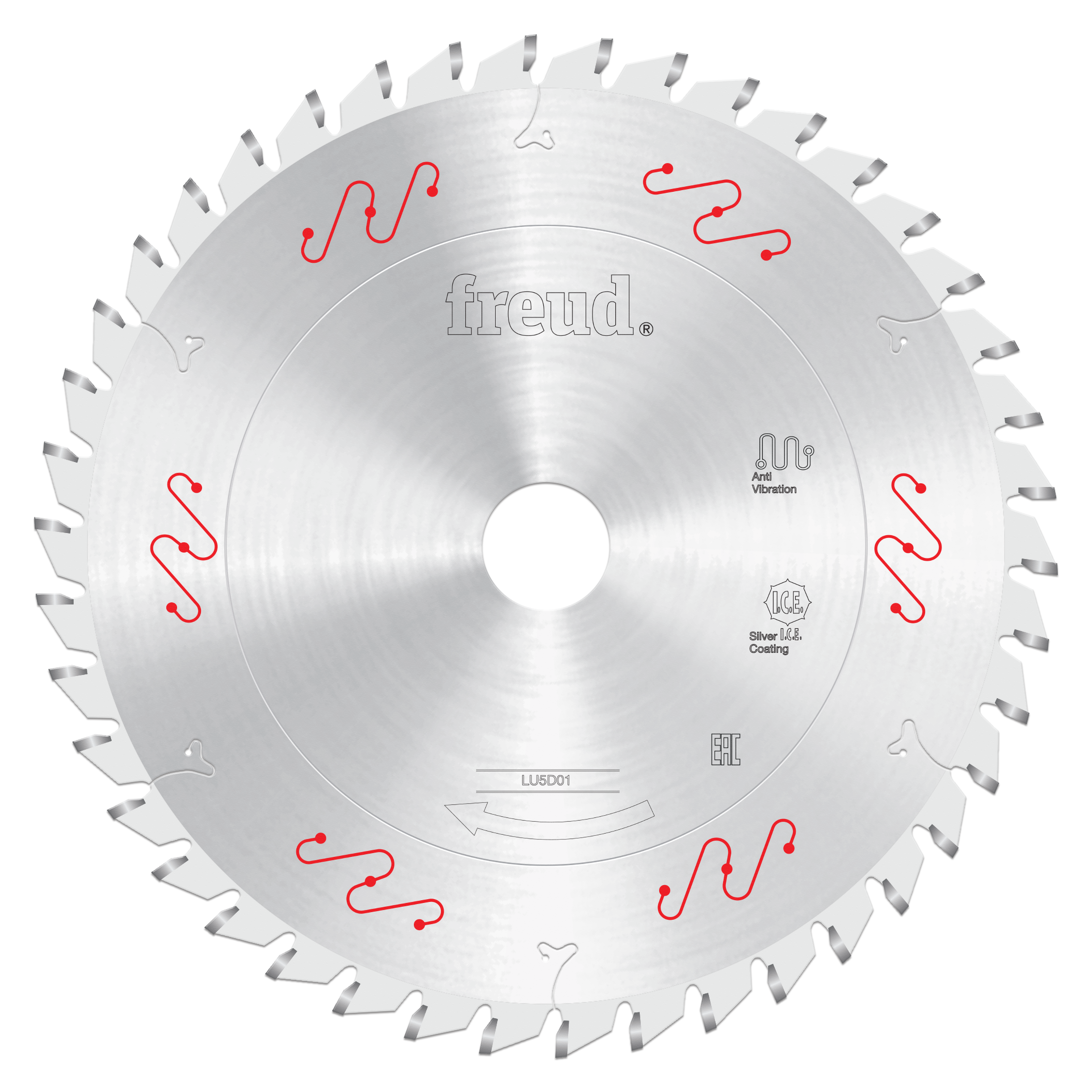 Freud 160mm circular saw blade with alternating red and gray teeth for cutting aluminum and non-ferrous materials.