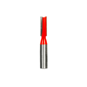 Freud straight router bit with red plastic coating and silver metal shank featuring two flutes.