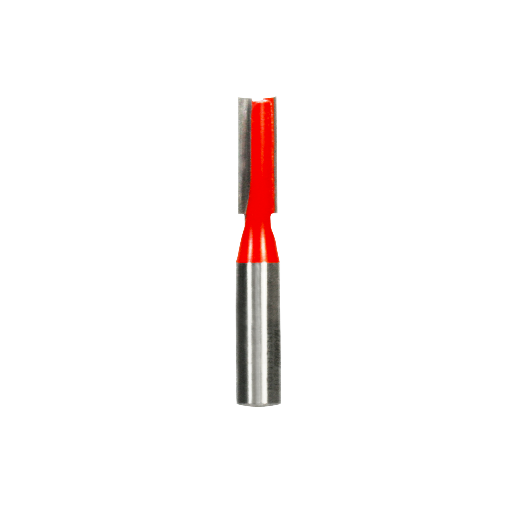 Freud straight router bit with red plastic coating and silver metal shank featuring two flutes.