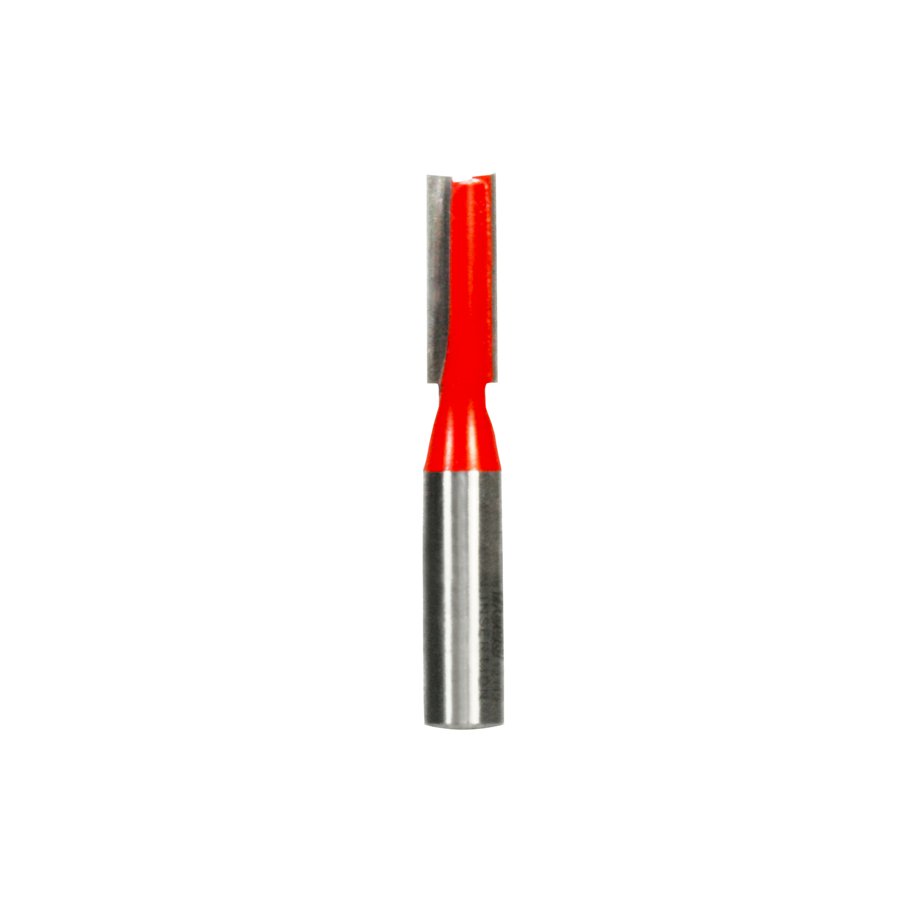 Freud straight router bit with red plastic coating and silver metal shank featuring two flutes.