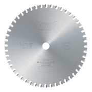 Freud circular saw blade with fine teeth arranged around the perimeter and central mounting hole.