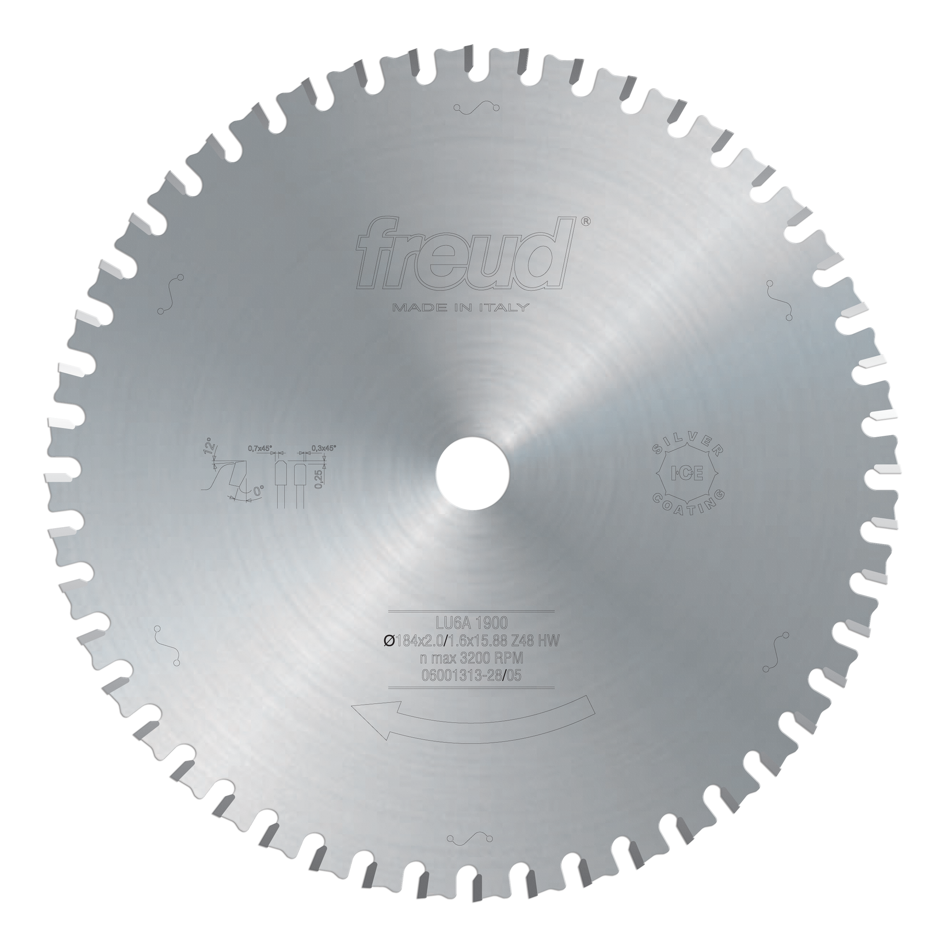 Freud circular saw blade with fine teeth arranged around the perimeter and central mounting hole.