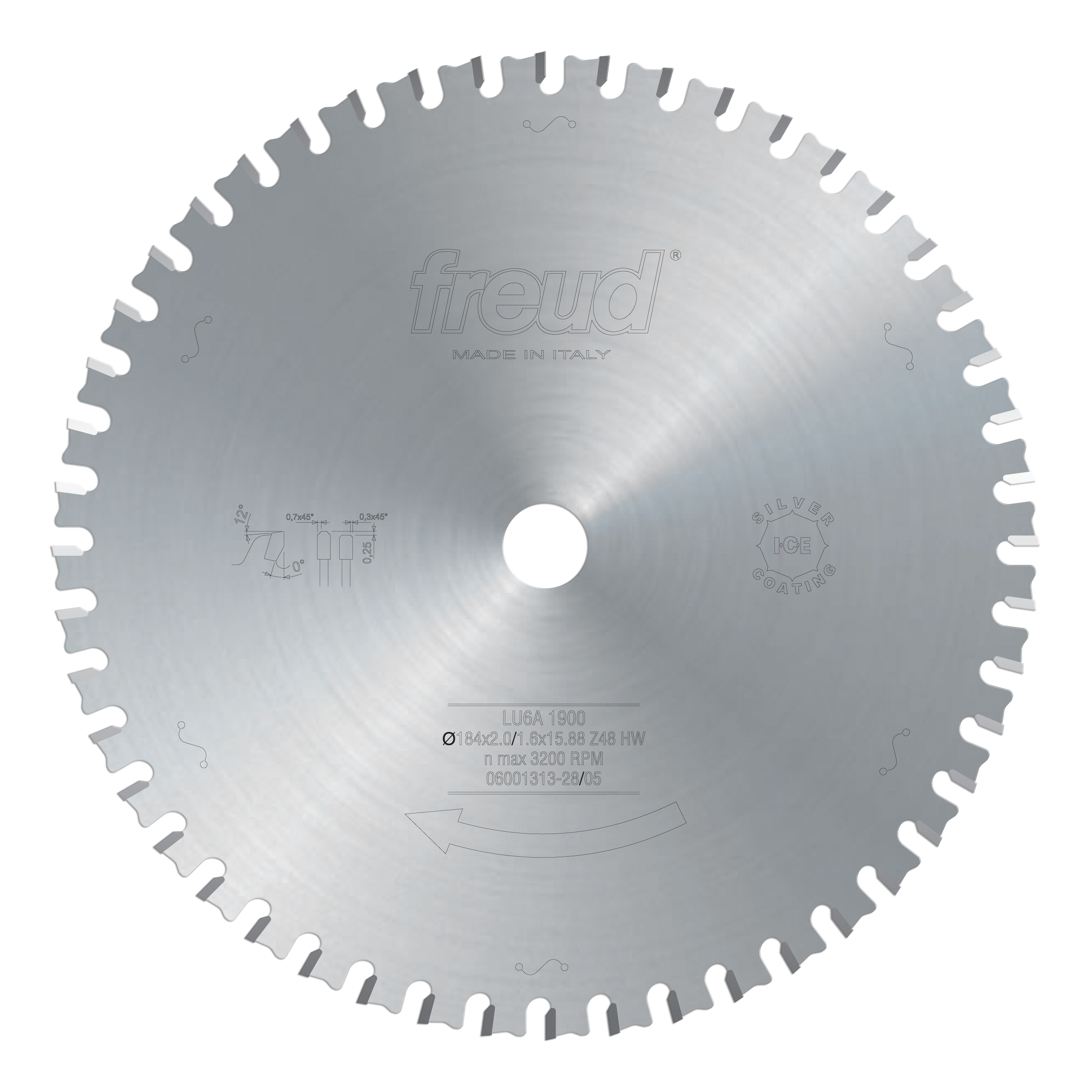 Freud circular saw blade with fine teeth arranged around the perimeter and central mounting hole.