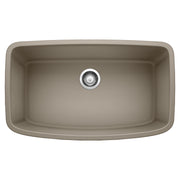 Truffle-colored single bowl undermount sink with rounded rectangular shape and chrome drain strainer.