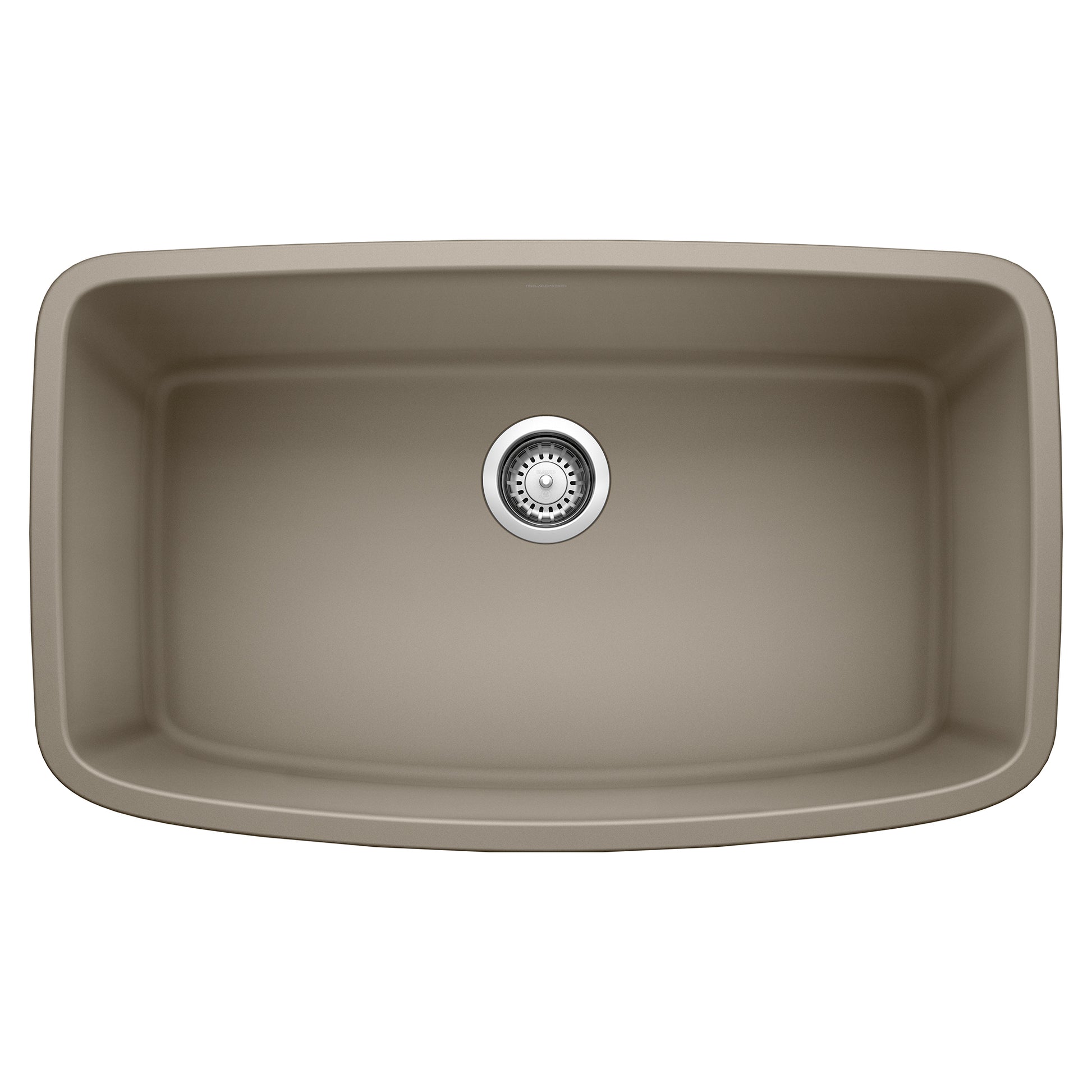 Truffle-colored single bowl undermount sink with rounded rectangular shape and chrome drain strainer.