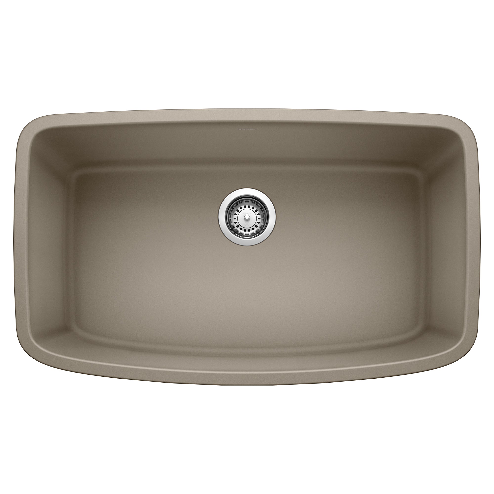 Truffle-colored single bowl undermount sink with rounded rectangular shape and chrome drain strainer.