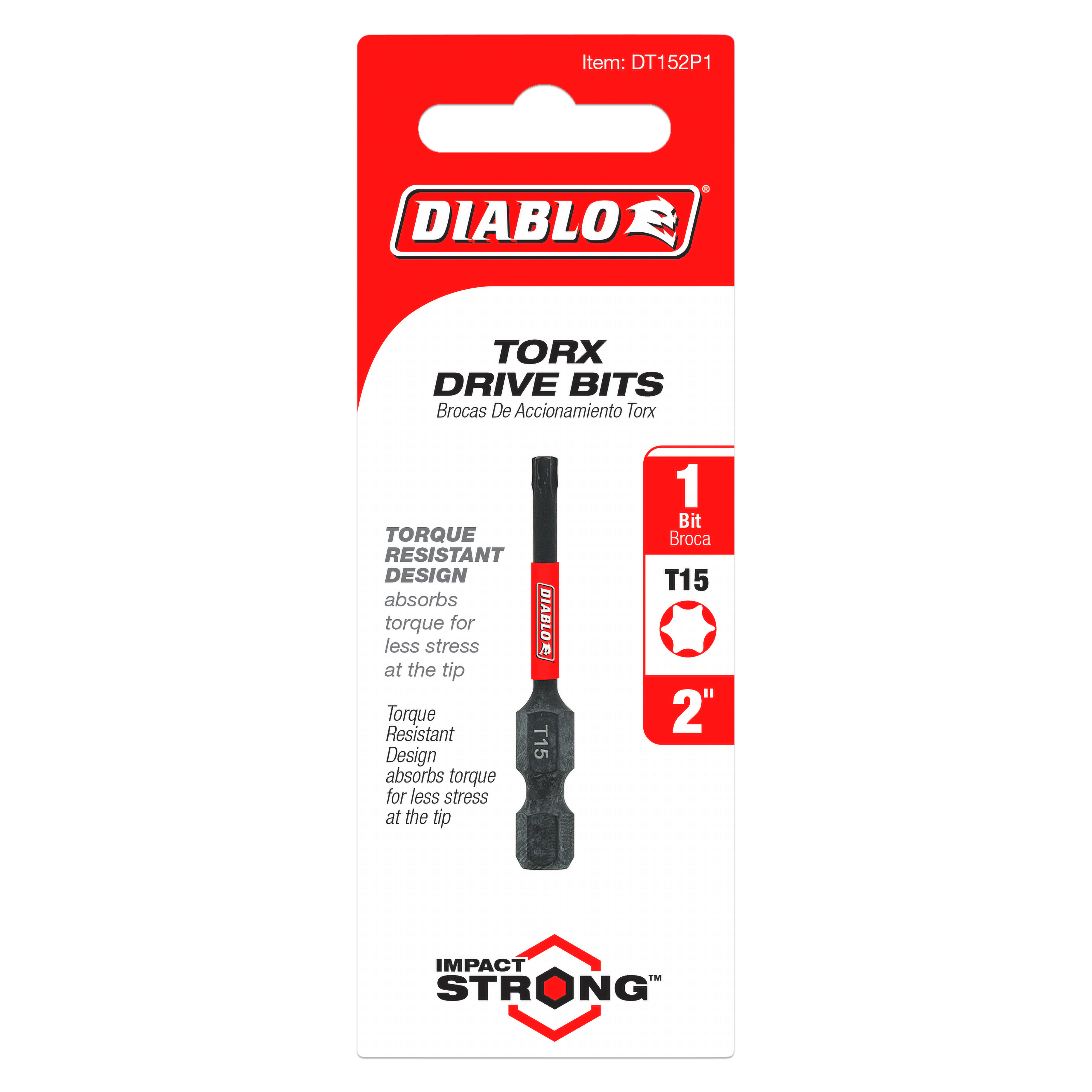 Black Diablo T15 Torx drive bit, 2 inches long, with red band and torque-resistant design.