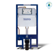 Toto Duofit in-wall dual flush tank system with white tank, copper supply line, and blue mounting frame.