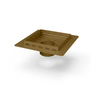 Square satin bronze center drain with recessed basin and threaded connector, 5" x 5" size.
