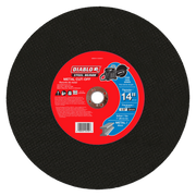 Black abrasive cut-off disc with red center label showing Diablo Steel Demon branding and specifications.
