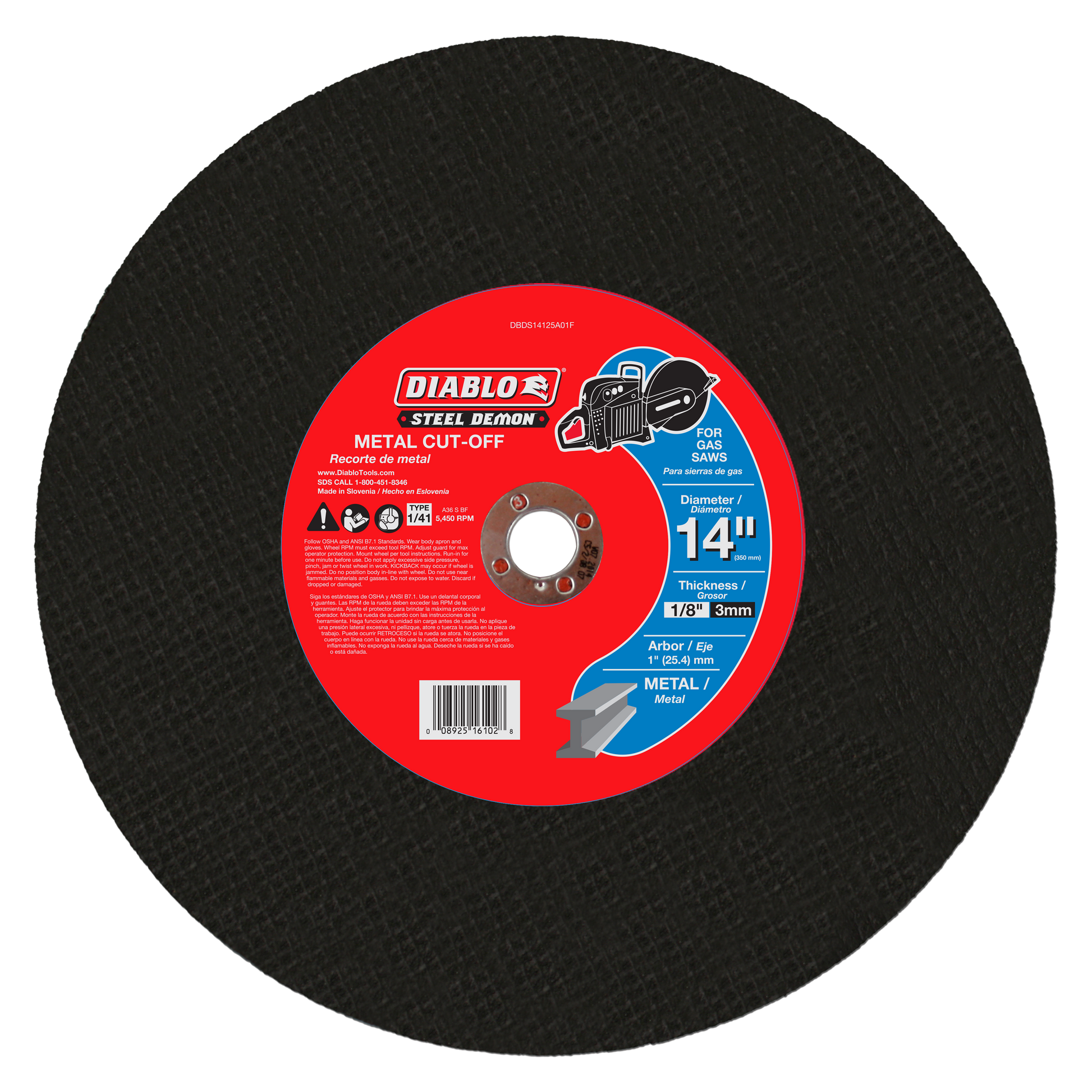 Black abrasive cut-off disc with red center label showing Diablo Steel Demon branding and specifications.