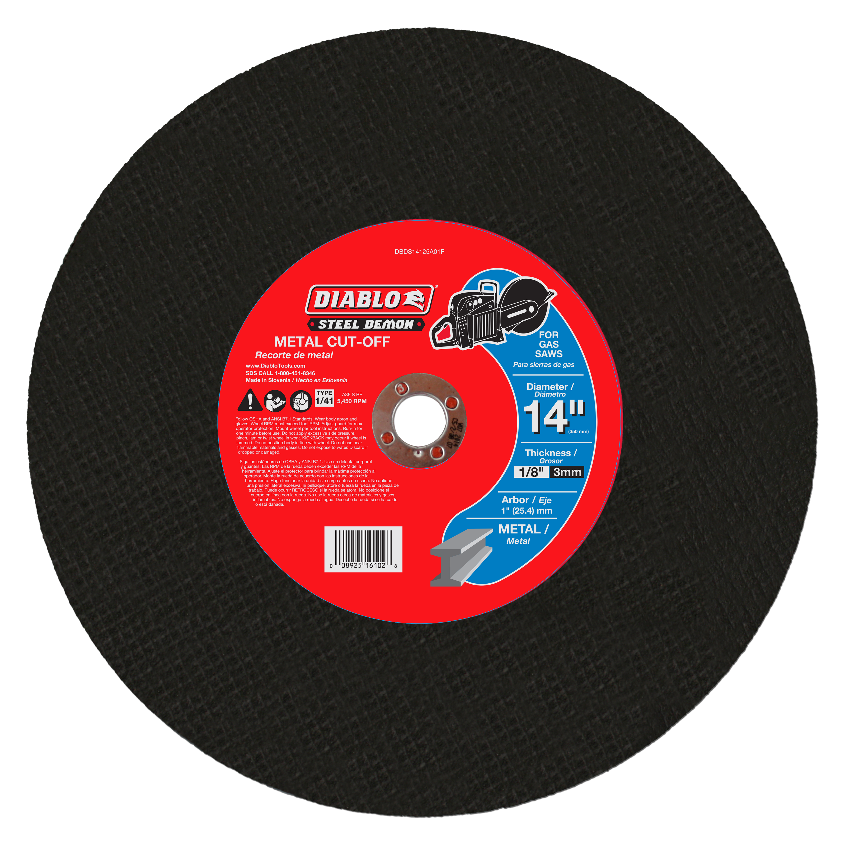 Black abrasive cut-off disc with red center label showing Diablo Steel Demon branding and specifications.