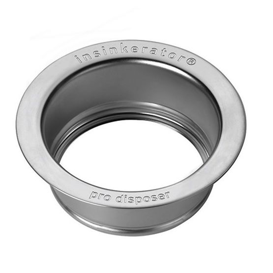 Brushed stainless steel sink flange with InSinkErator and pro disposer branding around the rim.