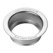 Stainless steel sink flange with InSinkErator branding and food waste disposer text molded into the rim.