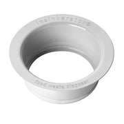 White plastic drain flange with InSinkErator branding and food waste disposer text embossed on surface.
