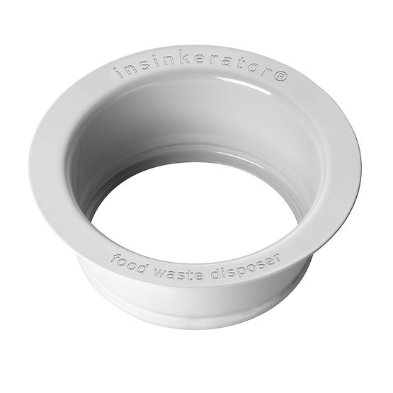 White plastic drain flange with InSinkErator branding and food waste disposer text embossed on surface.