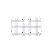 Stainless steel sink grid with fine mesh pattern and center drain hole, featuring rounded corners and mounting points.