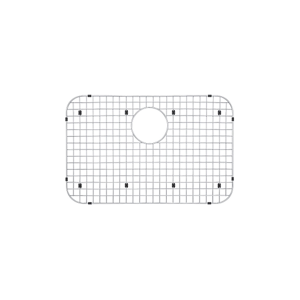 Stainless steel sink grid with fine mesh pattern and center drain hole, featuring rounded corners and mounting points.