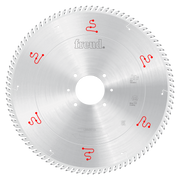 Circular saw blade with silver finish, fine teeth around perimeter, central arbor hole, and red Freud branding markings.