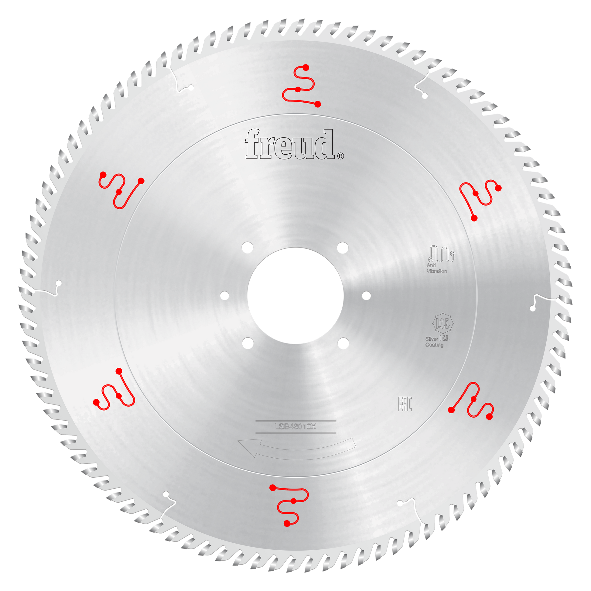 Circular saw blade with silver finish, fine teeth around perimeter, central arbor hole, and red Freud branding markings.