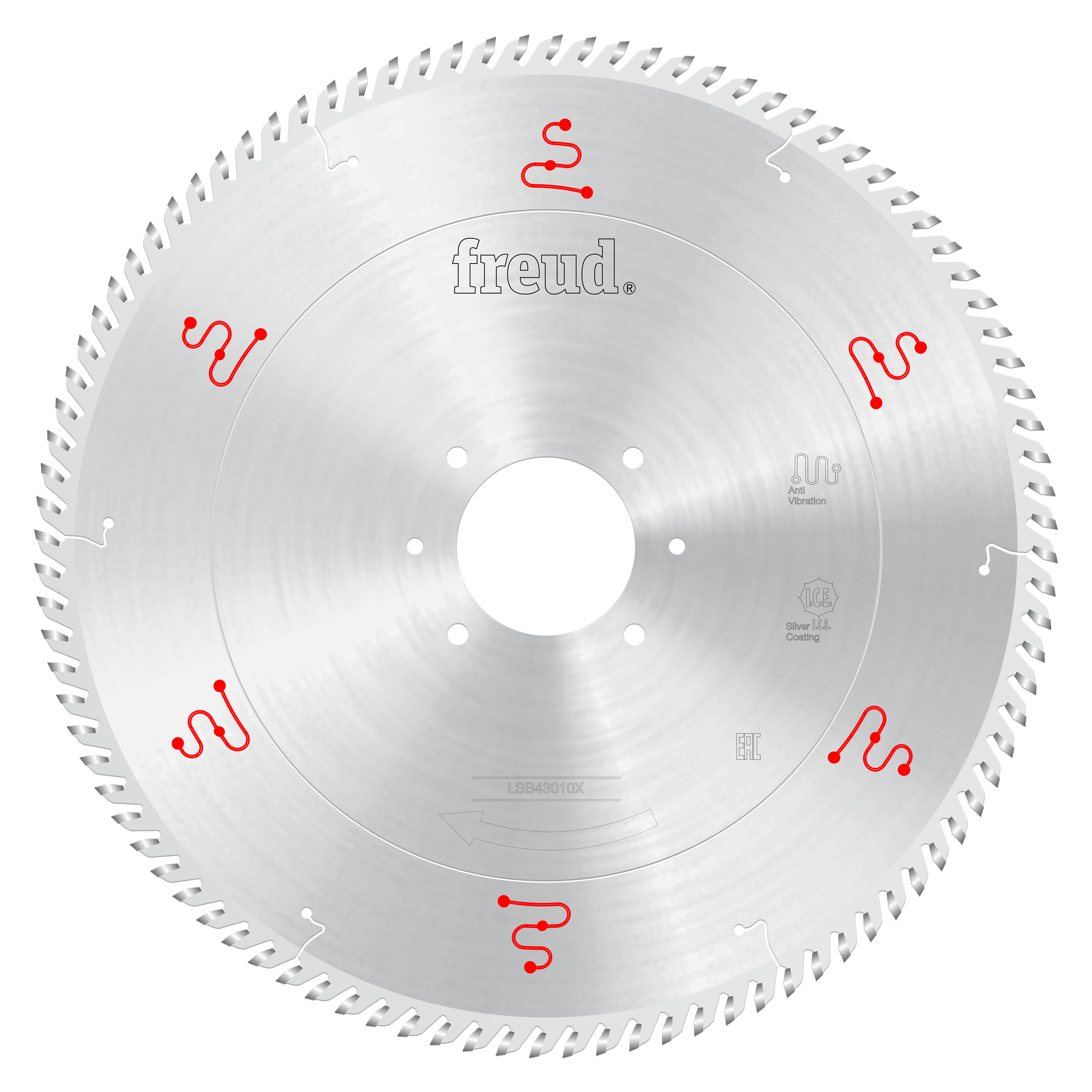 Circular saw blade with silver finish, fine teeth around perimeter, central arbor hole, and red Freud branding markings.