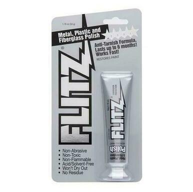 Flitz paste polish tube on gray and black blister card packaging with product features listed.