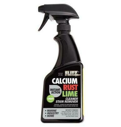 Black spray bottle labeled Flitz Calcium Rust Lime Cleaner Stain Remover, 16 oz.