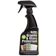 Black spray bottle of Flitz Granite & Glass Protectant, 16 fl oz, with trigger sprayer and product label showing granite and 