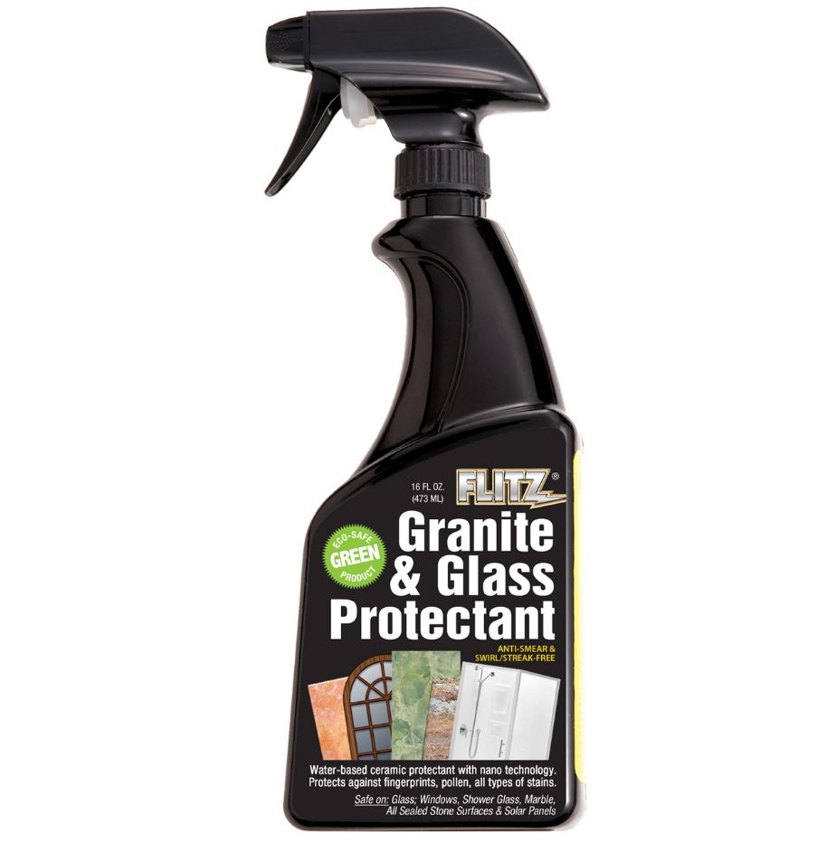 Black spray bottle of Flitz Granite & Glass Protectant, 16 fl oz, with trigger sprayer and product label showing granite and 