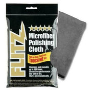Gray microfiber polishing cloth with ultra-fine texture in clear plastic packaging with black and gold label.