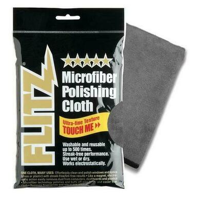 Gray microfiber polishing cloth with ultra-fine texture in clear plastic packaging with black and gold label.